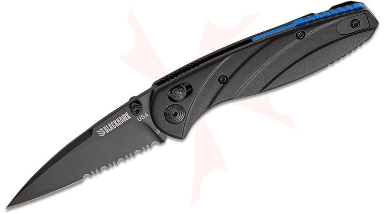 BLACKHAWK! Officer Carry Slide Lock Folding Knife 2.99 inch D2 Black DLC Wharncliffe Serrated Blade, Black Aluminum Handles