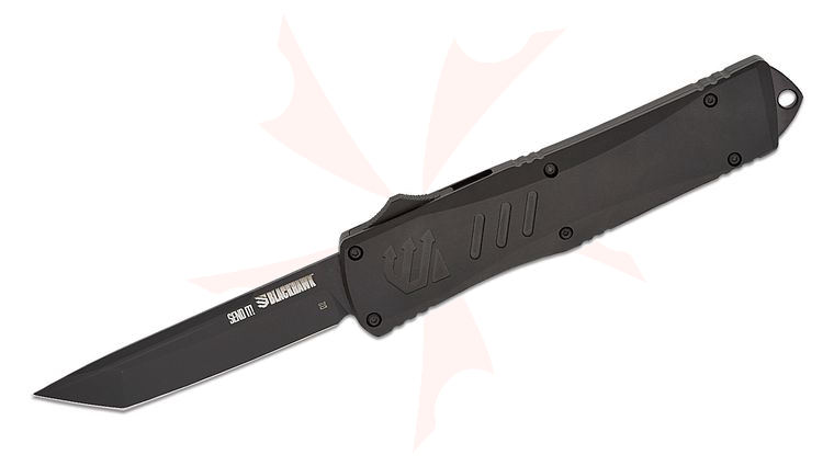 BLACKHAWK! Send It! OTF AUTO Knife 3.75 inch D2 Black DLC Tanto Blade, Black Aluminum Handles