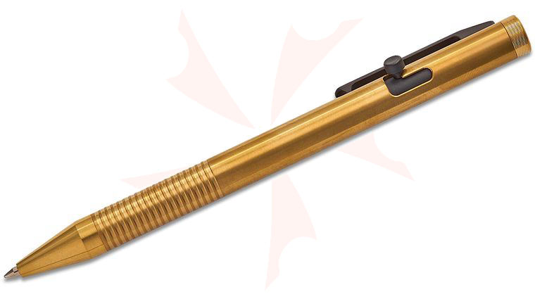 BLACKHAWK! Bolt Action Roller Ball Ink Pen, 5 inch Overall, Brass Anodized Titanium, Blue Gel Ink