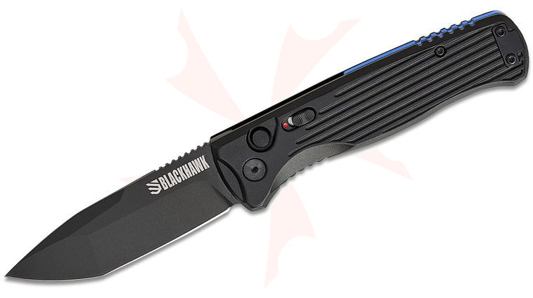 BLACKHAWK! Sonar Button Lock AUTO Folding Knife 3.26 inch D2 Black DLC Plain Tanto Blade, Black Aluminum Handles
