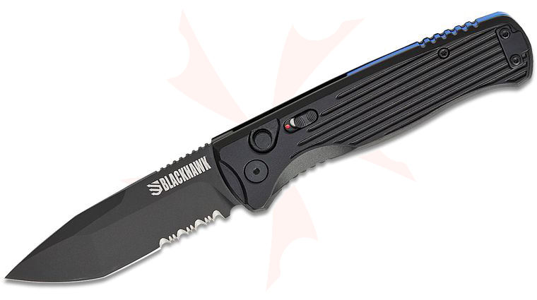 BLACKHAWK! Sonar Button Lock AUTO Folding Knife 3.26 inch D2 Black DLC Serrated Plain Tanto Blade, Black Aluminum Handles