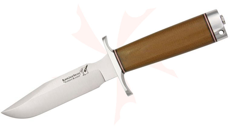 Blackjack Classic Model 5 Fixed 5-5/8 inch Blade, Brown Micarta Handles with Pommel