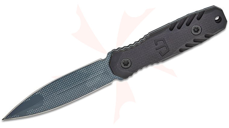 Blackside Customs Phase 7 Fixed Blade Knife 3.625 inch PSB27 Tool Steel Gray 1/2 Tone Camo Double Edge Dagger Blade, Milled Black Aluminum Handles, Kydex Sheath