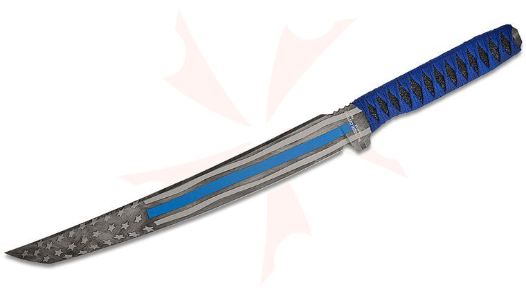 Blackside Customs Tokyo Drifter Short Sword 15 inch PSB27 Tool Steel Blue Line Flag Cerakote Wakizashi Blade, Custom Bastinelli Blue Cord Wrapped Handle, Kydex Sheath