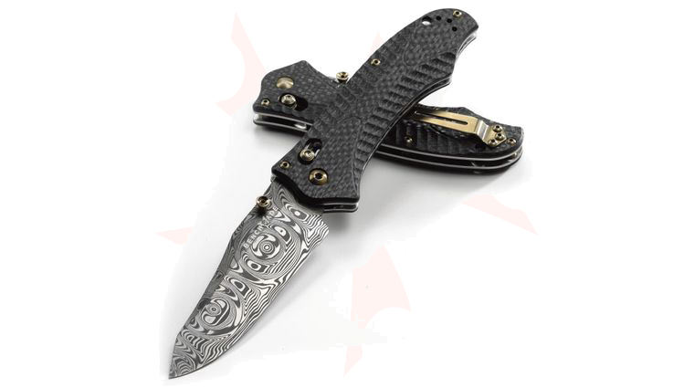 Benchmade Osborne Rift 3.67 inch Damascus Blade, Carbon Fiber Handles, Gold Class Limited Edition