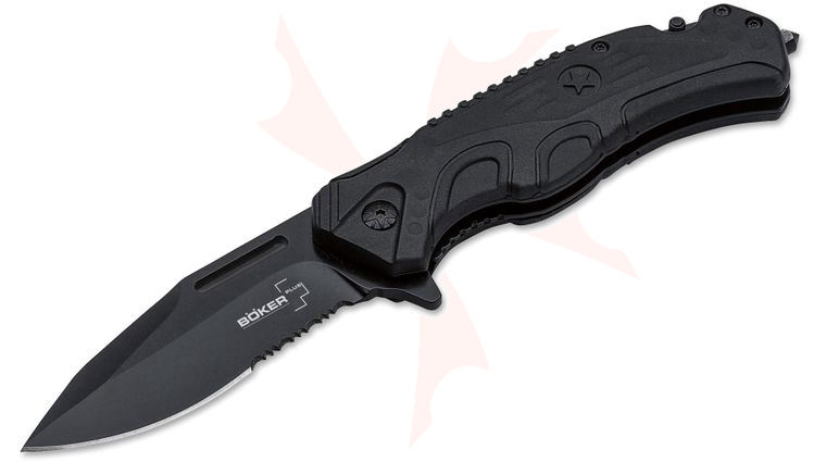 Boker Plus Savior 2 Rescue Folding Knife 3.375 inch 12C27 Black Combo Blade, FRN Handles with Black Rubber Inlays