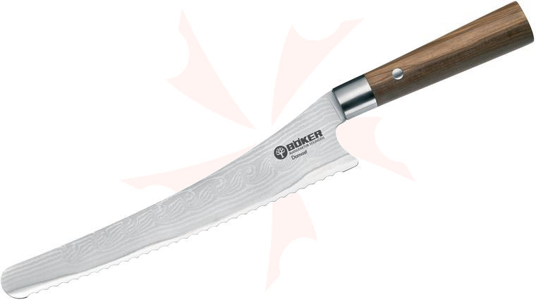 Boker Damascus Olive Bread Knife 9.125 inch Blade, Olive Wood Handles