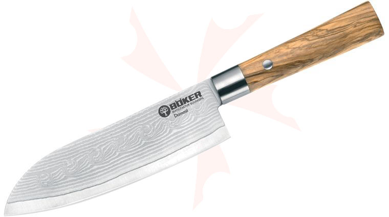 Boker Damascus Olive Santoku Knife 6.75 inch Blade, Olive Wood Handles