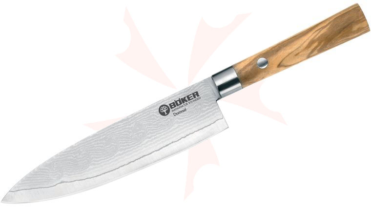 Boker Damascus Olive Utility Knife 6.125 inch Blade, Olive Wood Handles
