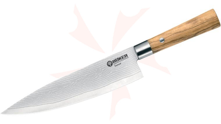 Boker Damascus Olive Chef's Knife 8.125 inch Blade, Olive Wood Handles