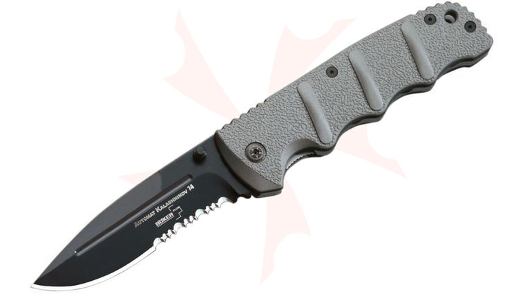 Boker Plus Automat Kalashnikov 74 Folding Knife 3.5 inch Black Combo Blade, OD Aluminum Handles (NOT an Automatic)