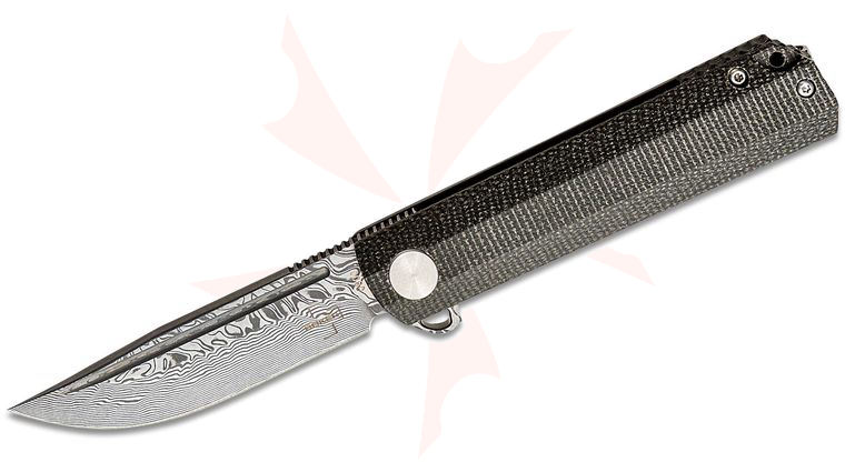 Boker Plus Cataclyst Flipper Knife 2.99 inch Damascus Clip Point Blade, Green Micarta and Gray Titanium Handles