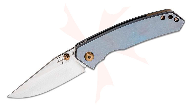 Boker Plus Canoe Folding Knife 2.68 inch CPM-S35VN Stonewashed Drop Point Blade, Blue Titanium Handles with Bronze Accents