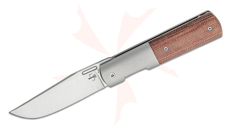 Boker Plus by Reate Zinker Urban Barlow Front Flipper Knife 2.95 inch K390 Satin Clip Point Blade, Burnt Orange Micarta Handles with Titanium Integral Bolsters, KnifeCenter Exclusive