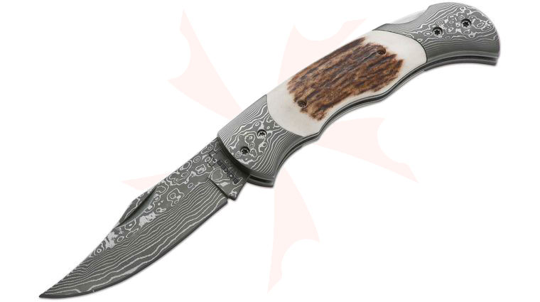 Boker Plus Damascus Traditional Folder 3-1/8 inch Blade, Stag and Damascus Handles (01BO028DAM)