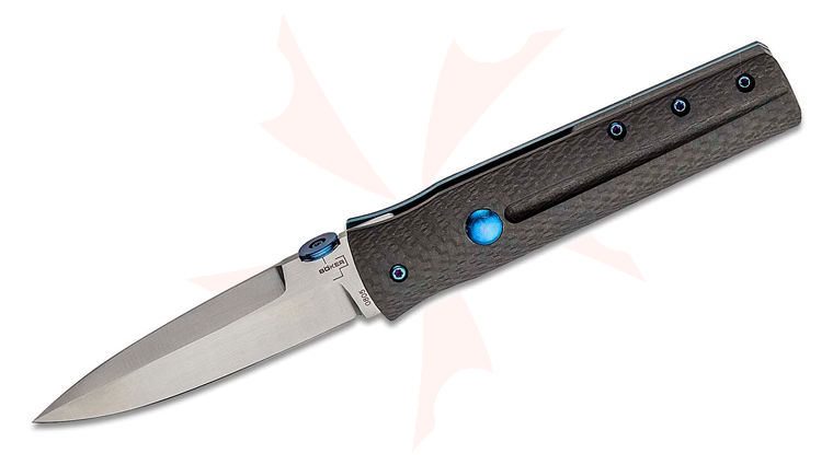 Boker Plus Chuck Gedraitis IcePick Dagger Folding Knife 3.23 inch VG-10 Satin Single Edge Blade, Carbon Fiber Handles with Blue Hardware