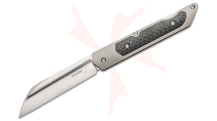 Boker Plus Genios Folding Knife 3.01 inch VG10 Satin Sheepsfoot Blade, Titanium Handles w/ Carbon Fiber Inlays, Leather Sheath