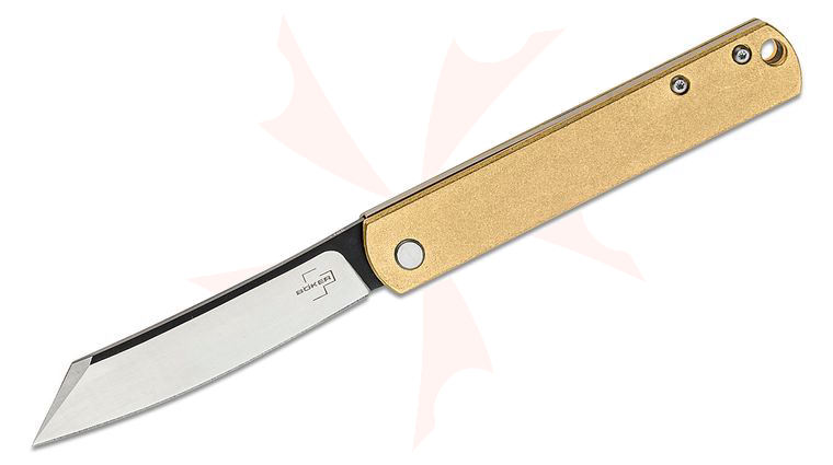 Boker Plus Zenshin 42 Slipjoint Knife 2.95 inch 440C Two-Tone Wharncliffe Blade, Stonewashed Brass Handles