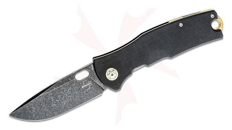 Boker Plus Vox Fieldfolder Folding Knife 3.41 inch D2 Black Stonewashed Drop Point Blade, Black G10 Handles with Brass Spacer