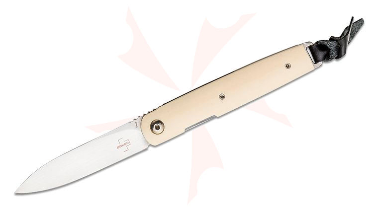 Boker Plus Kansei Matsuno LRF Front Flipper Knife 3 inch VG-10 Satin Blade, Ivory-Like White Resin Handles - KnifeCenter Exclusive