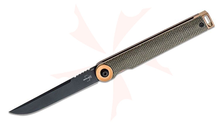 Boker Plus Kaizen Folding Knife 3.03 inch D2 Black Blade, Green Canvas Micarta Handles