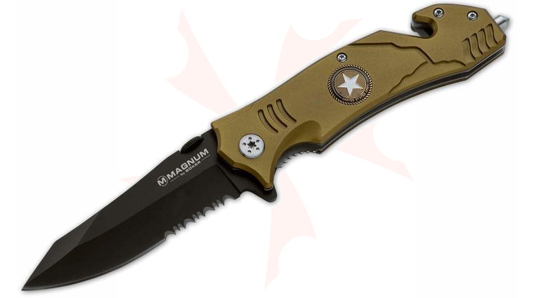 Boker Magnum Army Rescue Flipper 3-2/5 inch Black Combo Blade, Olive Aluminum Handles