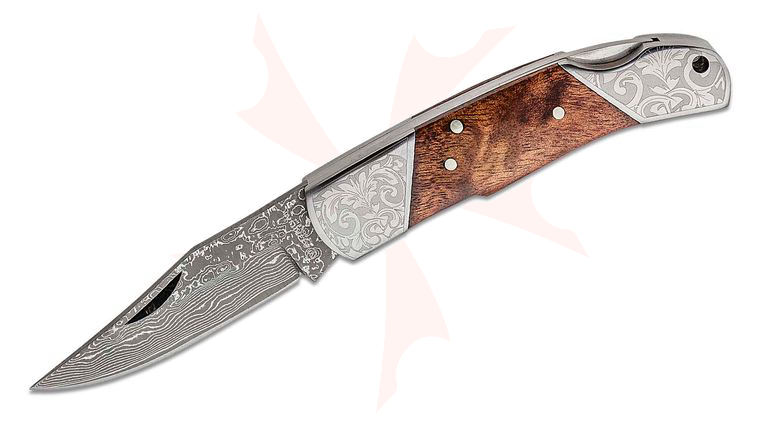 Boker Magnum Duke 2.5 inch Damascus Blade, Burl Wood Handles, Etched Bolsters (01MB946DAM)