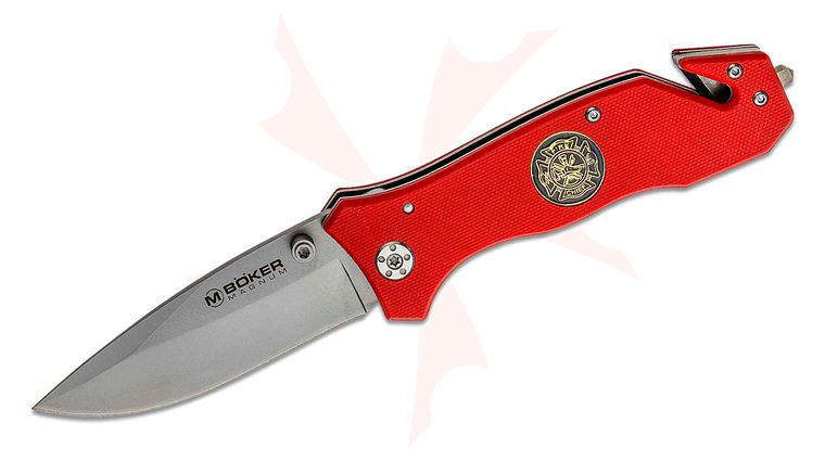Boker Magnum Fire Dept Rescue Flipper 3-3/8 inch Plain Blade, Red G10 Handles