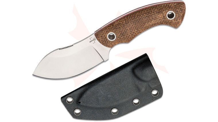 Boker Plus Vox Nessmi Pro Fixed Blade Knife 2.64 inch D2 Satin Nessmuk, Brown Micarta Handles, Kydex Sheath - KnifeCenter Exclusive