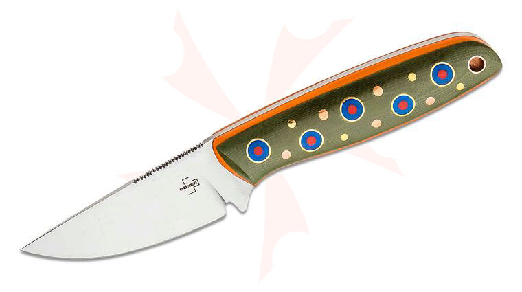 Boker Plus The Brook Fixed Blade Knife 2.83 inch VG-10 Polished Drop Point, Green/Orange G10 Handles with Trout Patterning, Kydex Sheath