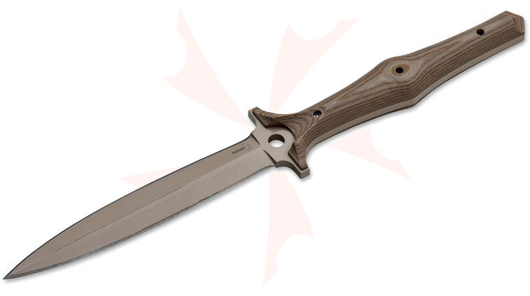 Boker Plus Alan Folts LDE Dagger Fixed 4.33 inch 440C Double Edge Blade, Brown G10 Handles, Leather Sheath