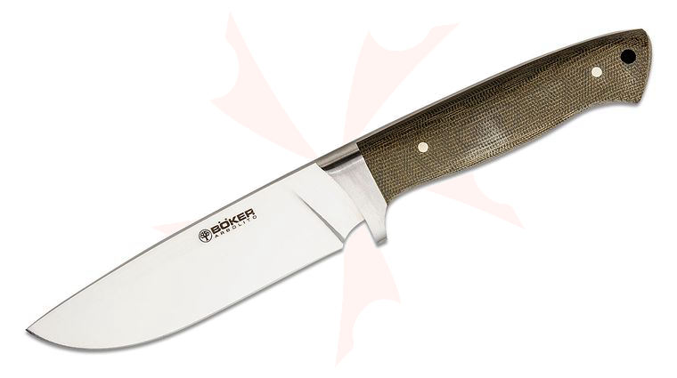 Boker Arbolito Hunter Fixed Blade 4.72 inch ACX 390 Satin Drop Point, Green Micarta Handles, Leather Sheath