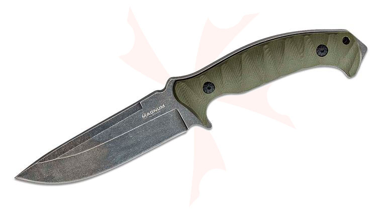 Boker Magnum Persian Fixed 4.75 inch Dark Stonewashed Blade, Green G10 Handles, Black Kydex Sheath