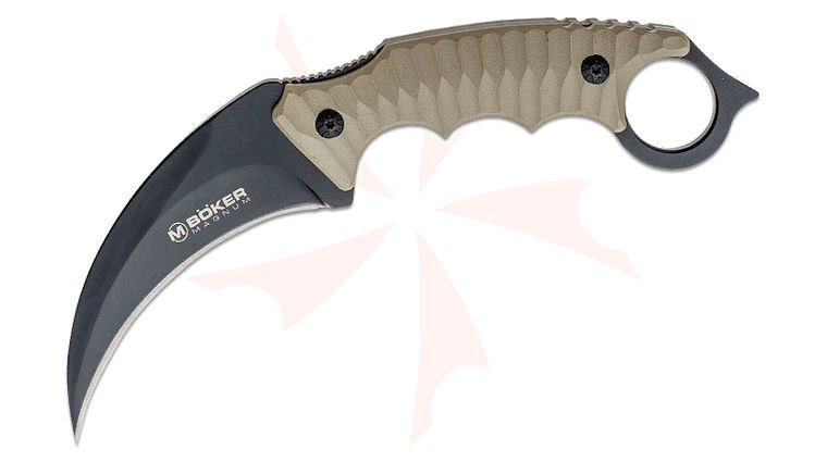 Boker Magnum Spike Karambit Fixed 4 inch Black Blade, Tan G10 Handles, Kydex Sheath