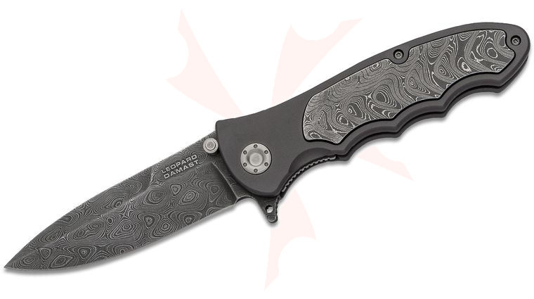 Boker Leopard Damascus III Collection Flipper Knife 3.82 inch Blade with Dual Thumb Studs, Aluminum Handles with Damascus Inlay