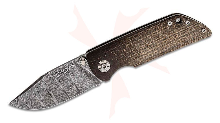Boker M4 Sherman Folding Knife 3.03 inch Ladder Damascus Blade, Brown Burlap Micarta Handles