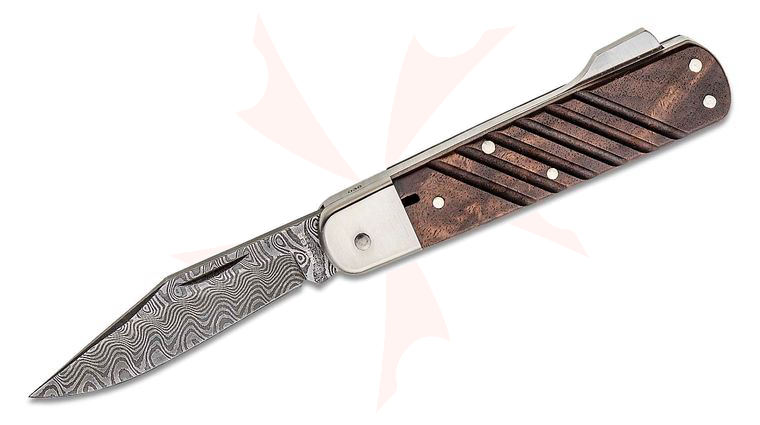 Boker 98K Damascus Folding Knife 3.31 inch Nichols Ladder Damascus Clip Point Blade, Walnut Handles
