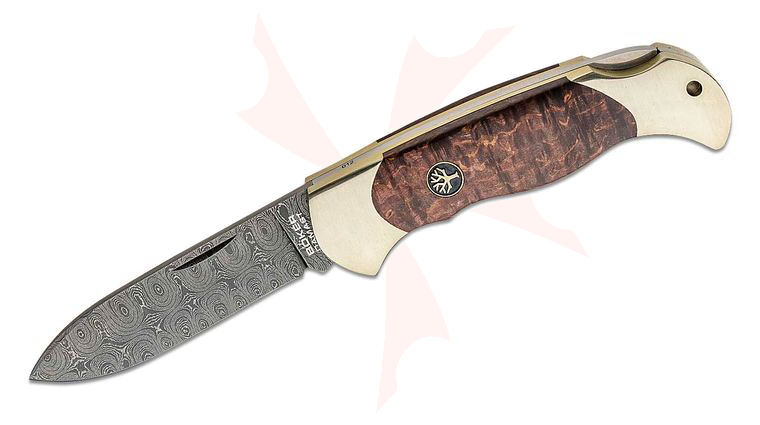 Boker Scout Folding Knife 3.11 inch Chad Nichols Raindrop Damascus Spear Point Blade, Stabilized Curly Birch Wood Handles