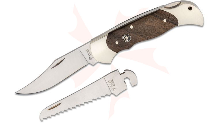 Boker Optima Folding Hunting Knife Set 3.23 inch Exchangeable Satin Clip Point and Saw Blades, Walnut Wood Handles with Nickel Silver Bolsters, Cordura Sheath
