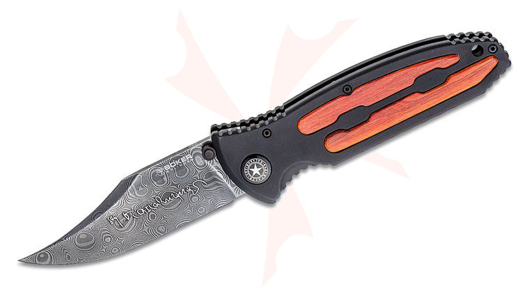Boker Kalashnikov Bayonet Folding Knife 3.78 inch Nichols Virus Damascus Blade, Aluminum Handles with Ironwood Inlays