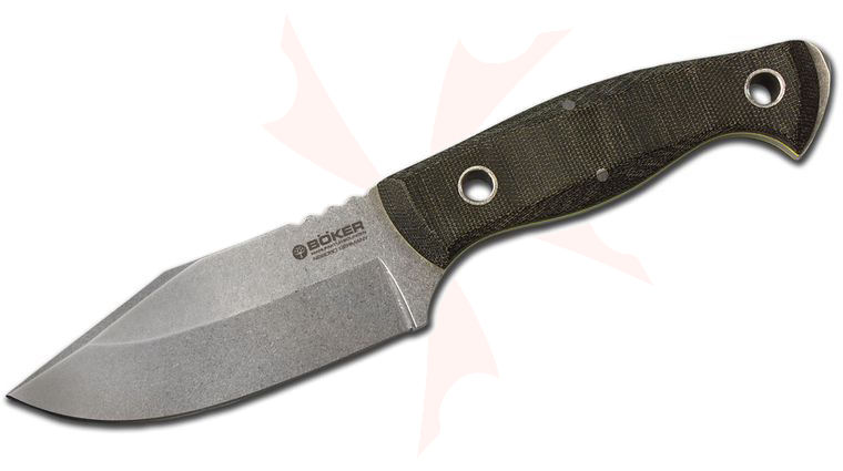 Boker Join The Navy (JTN) Fixed 4.25 inch Stonewashed N690 Plain Blade, Green Linen Micarta Handles, Leather Sheath