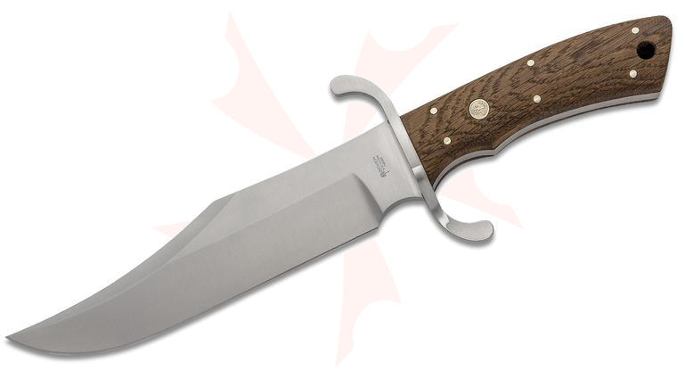 Boker Bowie Fixed Blade Knife 7.8 inch N690 Satin Blade, Oak Wood Handles, Black Leather Sheath
