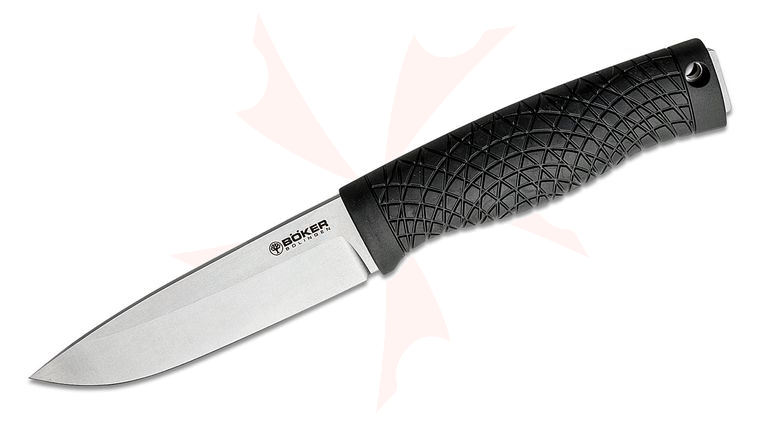 Boker Bronco Fixed Blade Knife 4.45 inch CPM-3V Satin Drop Point, Black TPE Handles, Black Leather Sheath with Firestarter