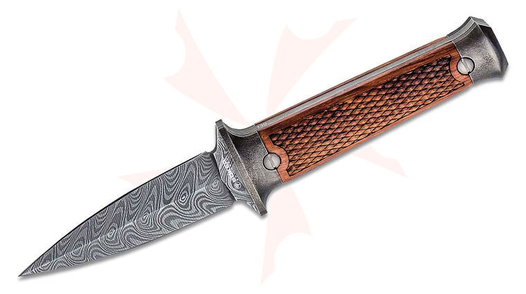 Boker P08 Boot Dagger 3.23 inch Nichols Boomerang Damascus Blade, Textured Rosewood Handles, Leather Sheath