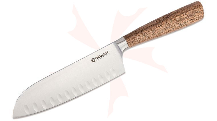Boker Core Santoku Knife 6.63 inch Blade with Hollow Edge, Walnut Wood Handle