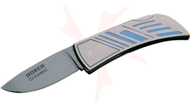 Boker Lockback Folder 2 inch Ceramic Blade, Titanium Handles with Blue Accents