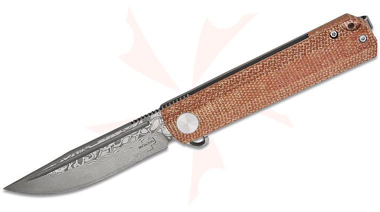 Boker Plus Cataclyst Flipjoint Flipper Knife 2.99 inch Damascus Clip Point Blade, Brown Micarta and Gray Titanium Handles
