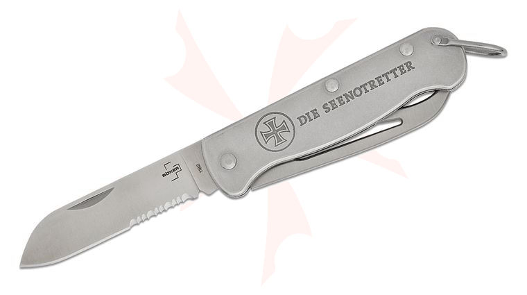 Boker Plus Seenotretter 01 Slipjoint Tackle Knife 3.35 inch 1.4116 Stainless Drop Point Combo Blade, Stonewashed Stainless Steel Handle, Marlin Spike