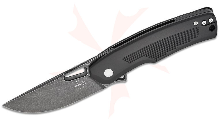 Boker Plus Nahal Liner Lock Flipper Knife 3.15 inch Black Stonewashed Drop Point Blade, Black Aluminum Handles