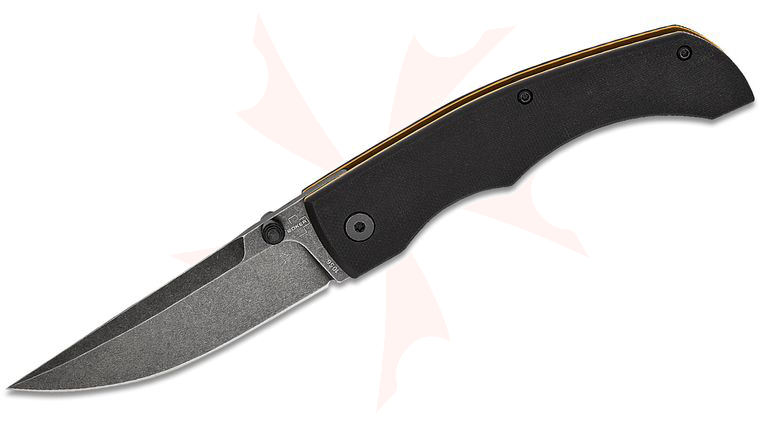 Boker Plus Poke Folding Knife 3.58 inch D2 Black Stonewashed Drop Point Blade, Black G10 Handles with Brass Liners